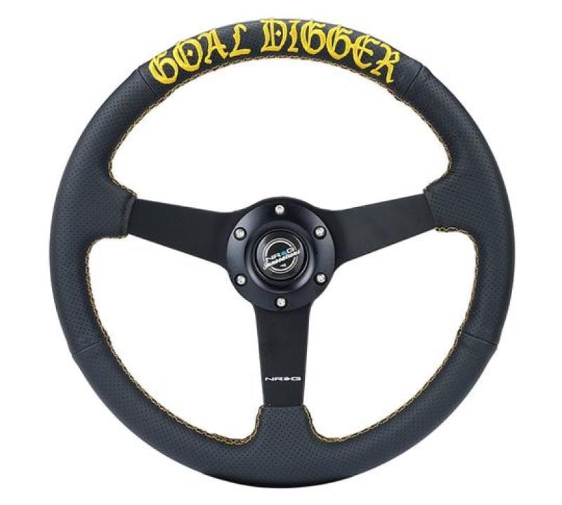 NRG — NRG Sport Steering Wheel (350mm / 1.5in Deep) Black Leather/Gold Stitch w/Matte Black Solid Spokes