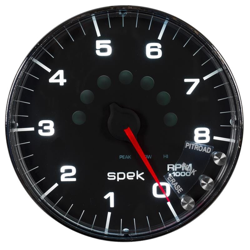 AutoMeter — GAUGE, TACHOMETER, 5", 8K RPM, W/SHIFT LIGHT & PEAK MEM, BLACK/CHROME, SPEK-PRO