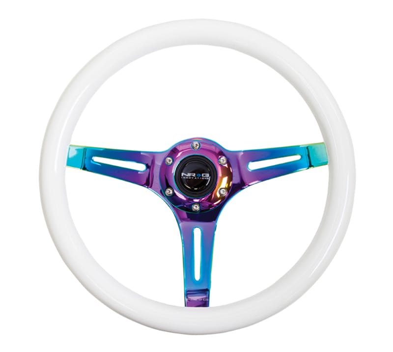 NRG — NRG Classic Wood Grain Steering Wheel (350mm) Glow-N-The-Dark Green Grip w/Neochrome 3-Spoke Center