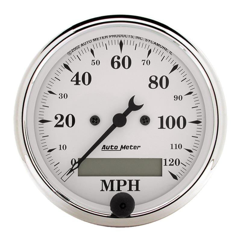 AutoMeter — AutoMeter Gauge Speedo. 3-1/8in. 120MPH Elec. Prog. W/ Lcd Odo Old Tyme White
3-1/8" SPEEDO, 120 M