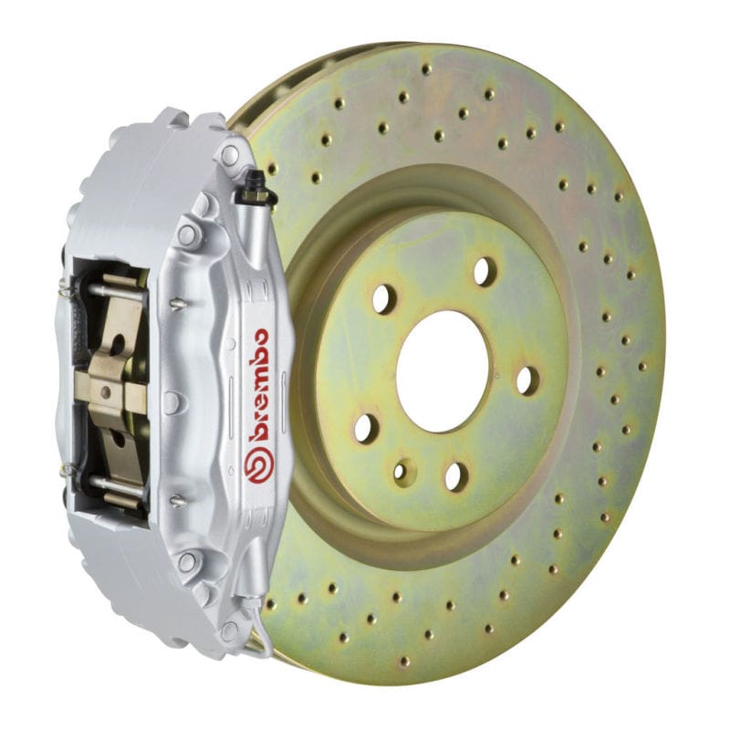 Brembo — Brembo 05-14 Mustang GT Excl non-ABS Equipped Fr GT BBK 4Pist Cast 2pc 355x32 1pc Rtr Drill-Silver
