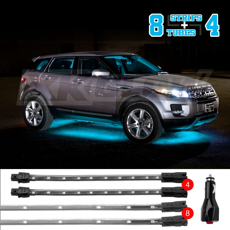 XKGLOW — XK Glow Strip Single Color Underglow LED Accent Light Car/Truck Kit Light Blue - 8x24In + 4x 8In
