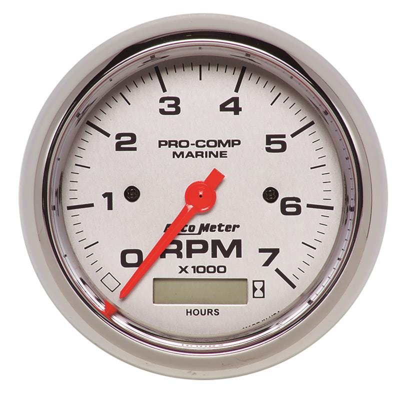 AutoMeter — GAUGE, TACHOMETER, 3 3/8" , 7K RPM, W/ HOURMETER, MARINE CHROME