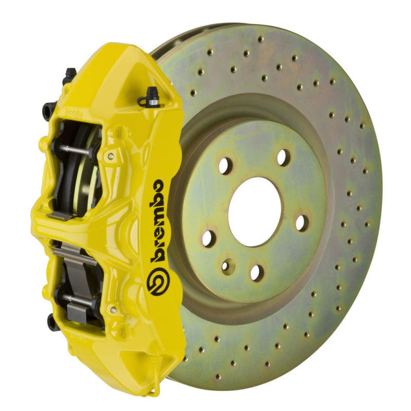 Brembo — Brembo 05-14 Mustang GT Excl non-ABS Equipped Fr GT BBK 6Pist Cast 355x32 1pc Rtr Drill-Yellow
