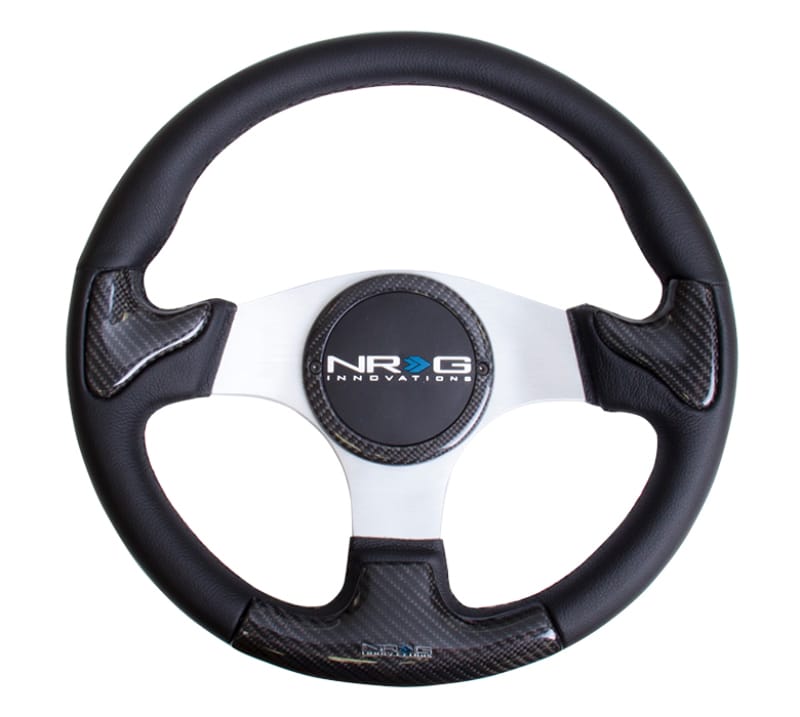 NRG — NRG Carbon Fiber Steering Wheel (350mm) Silver Frame Blk Stitching w/Rubber Cover Horn Button