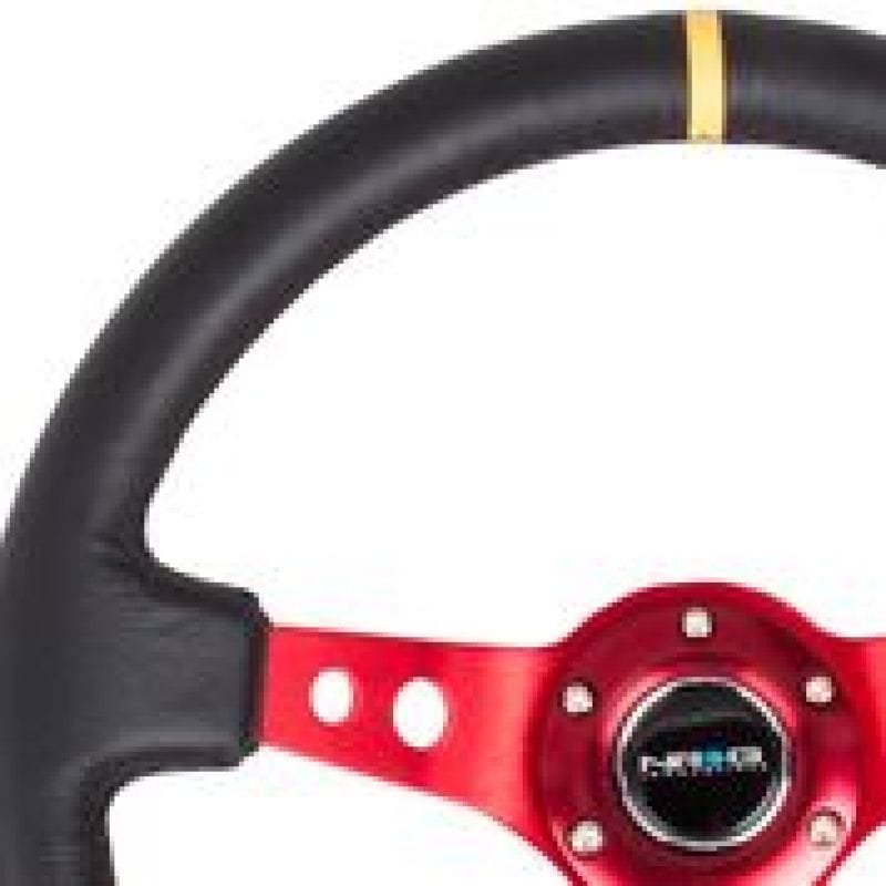 NRG — NRG Reinforced Steering Wheel (350mm / 3in. Deep) Blk Leather w/Red Spokes & Sgl Yellow Center Mark