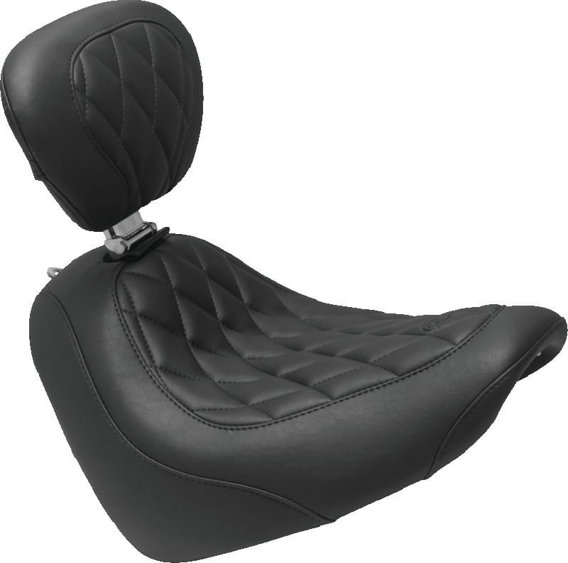 Mustang Motorcycle — Mustang 18-21 Harley Fat Bob Wide Tripper Solo Seat w/Driver Backrest Diamond Stitch - Black