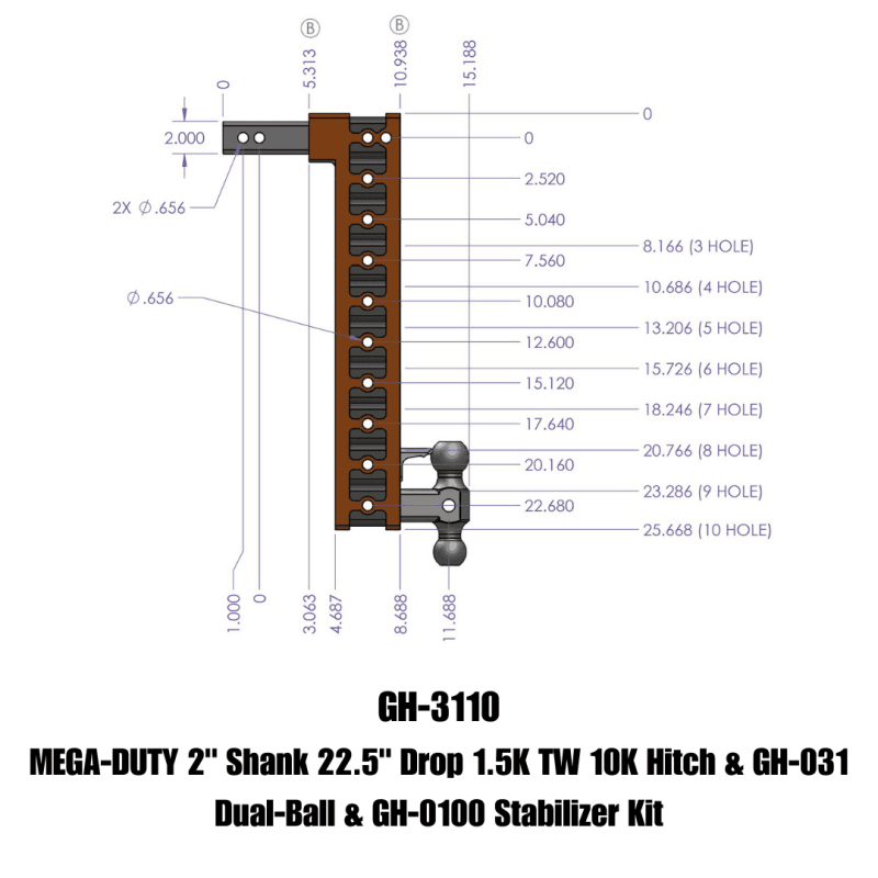 GEN-Y Hitch — Gen-Y Mega Duty 2in Shank 22.5in Drop 10K Hitch w/GH-031 Dual-Ball/GH-0100 Stabilizer Kit
Drop Hitch
