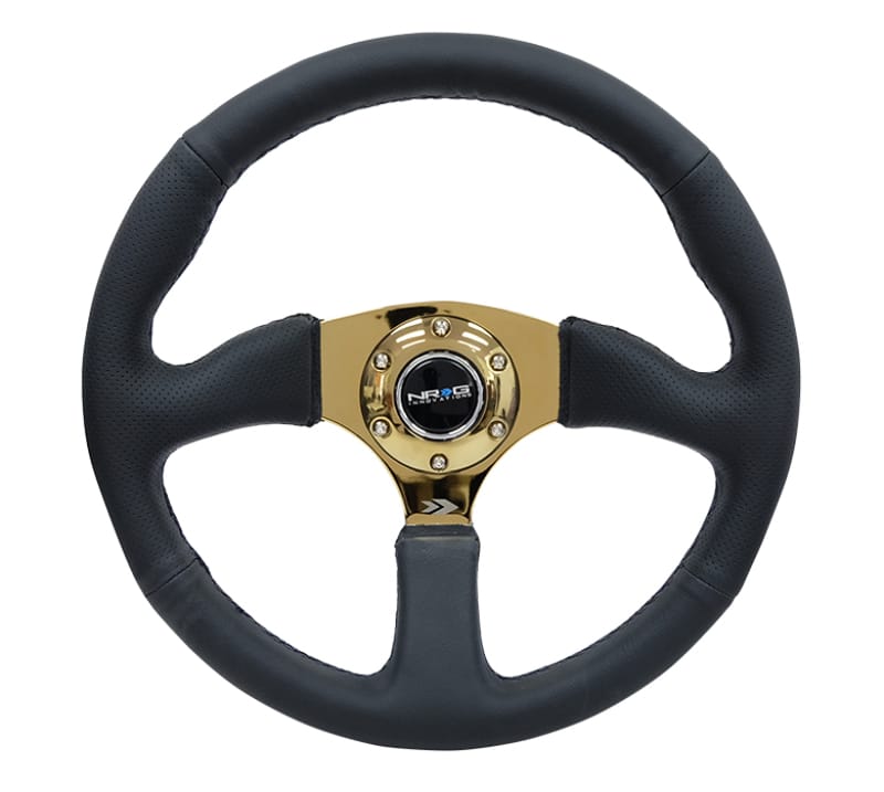 NRG — NRG Reinforced Steering Wheel (350mm / 2.5in. Deep) Leather Race Comfort Grip w/4mm Gold Spokes