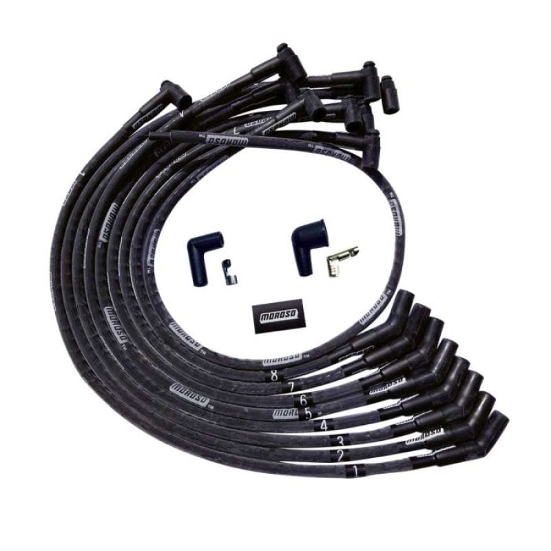 Moroso — Moroso BBC Over Valve Cover 135 Deg Plug HEI Sleeved Ultra Spark Plug Wire Set - Black