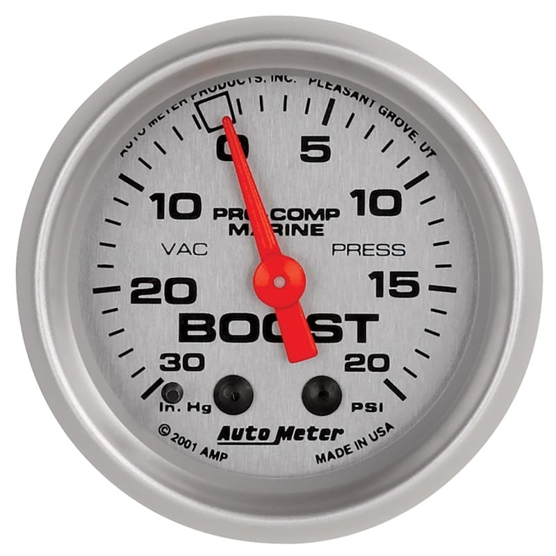 AutoMeter — Autometer Marine Silver Ultra-Lite 2-1/16in 0-30 HG / 0-20 PSI Vacuum / Boost Gauge
GA 2" BST 20PSI M MS