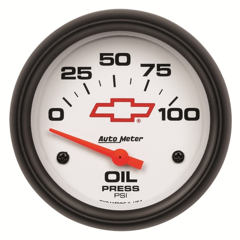 AutoMeter — AutoMeter Gauge Oil Pressure 2-5/8in. 100PSI Electric Chevy Red Bowtie White
2-5/8" OIL PRESS, 0-
