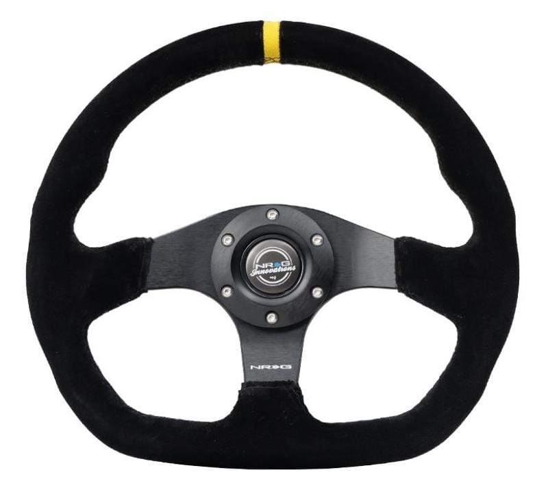 NRG — NRG Reinforced Steering Wheel (320mm) Sport Suede Dual Push Buttons Flat Bottom w/ Yellow Center