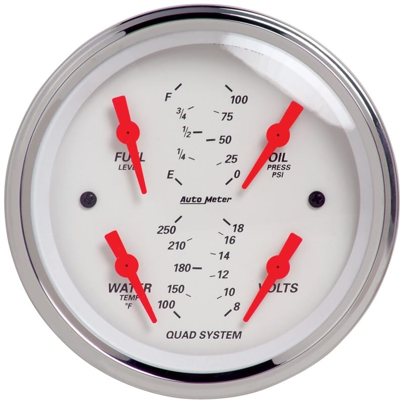 AutoMeter — Autometer Arctic White 3-3/8in Quad Gauge 100 PSI/100-250 Deg F / 8-18V / 240-33 Ohm
GA 3.4" QD 240-33 AW