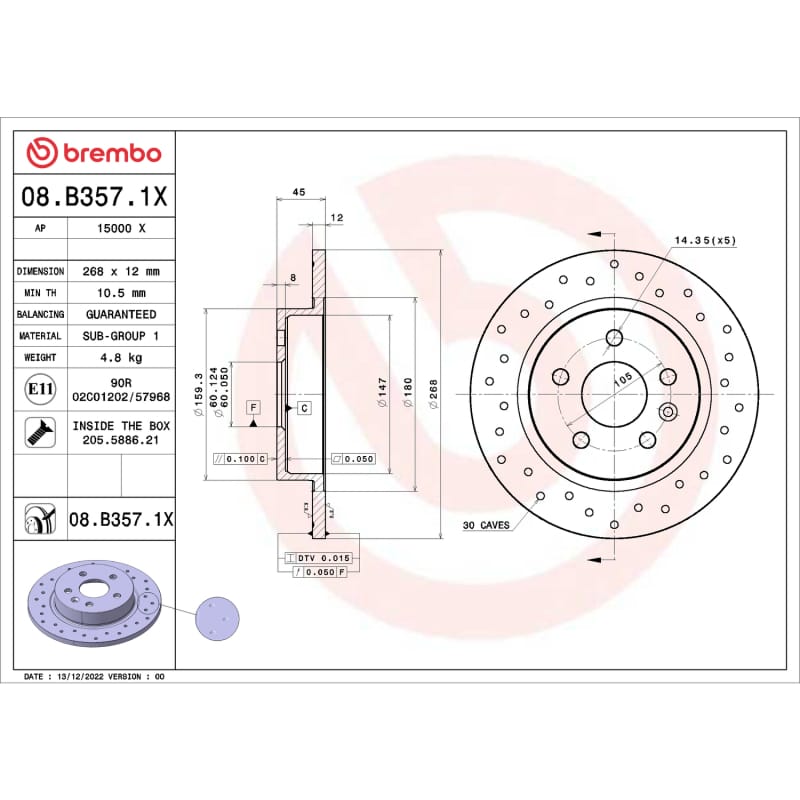 Brembo OE — Brembo OE 2015 Chevrolet Cruze Drilled Xtra Brake Disc - Rear