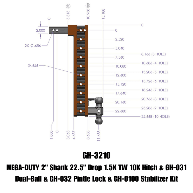 GEN-Y Hitch — Gen-Y Mega Duty 2in Shank 22.5in Drop 10K Hitch w/Dual-Ball/Pintle Lock/Stabilizer Kit
Drop Hitch