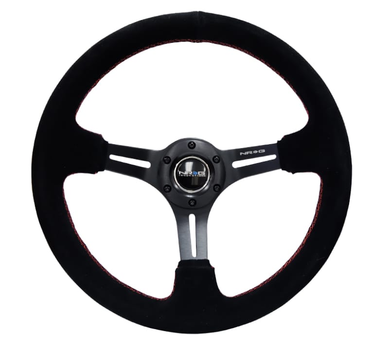 NRG — NRG Reinforced Steering Wheel (350mm / 3in. Deep) Blk Suede w/Red Stitching & 5mm Spokes w/Slits