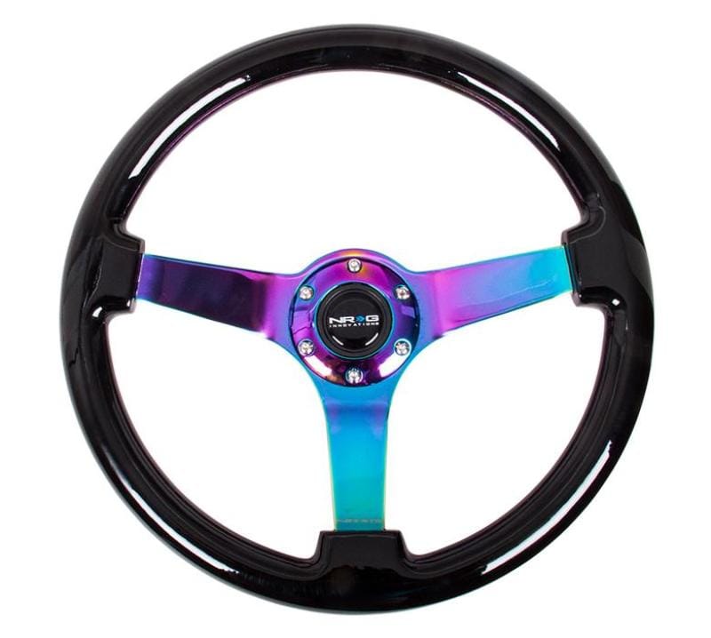 NRG — NRG Reinforced Steering Wheel (350mm / 3in Deep) Classic Blk Wood Grain w/Neochrome 3-Spoke Center