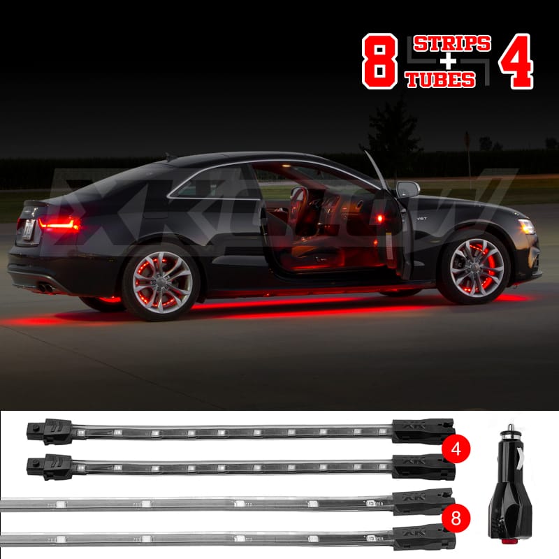 XKGLOW — XK Glow Single Color XKGLOW UnderglowLED Accent Light Car/Truck Kit Red - 8x24In Tube + 4x8In Strip