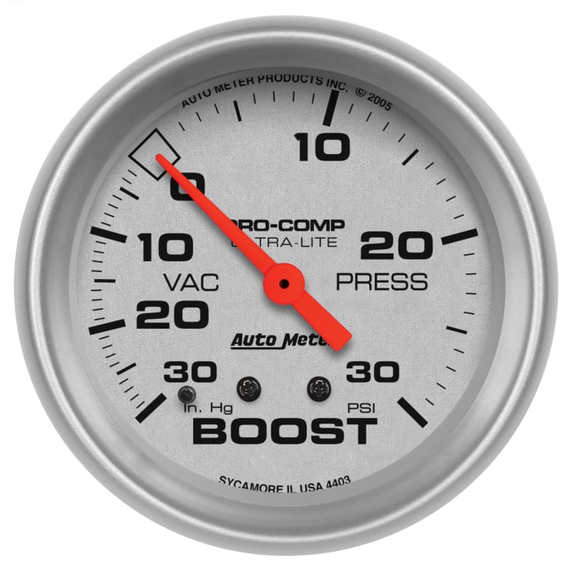AutoMeter — Autometer Ultra-Lite 66.7mm Short Sweep Electronic 30 IN Hg / 30 PSI Vacuum/Boost Gauge
2-5/8" BOOST-VAC, 30