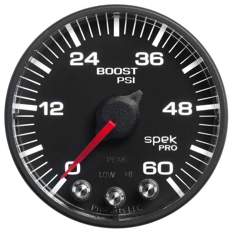 AutoMeter — GAUGE, BOOST, 2 1/16", 60PSI, STEPPER MOTOR W/PEAK & WARN, BLK/BLACK, SPEK-PRO